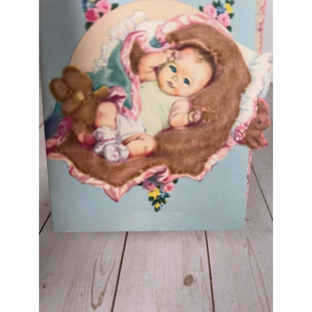 Vintage 1955 Baby Arrival Congratulations Card Flocked Baby Teddy Bears Signed